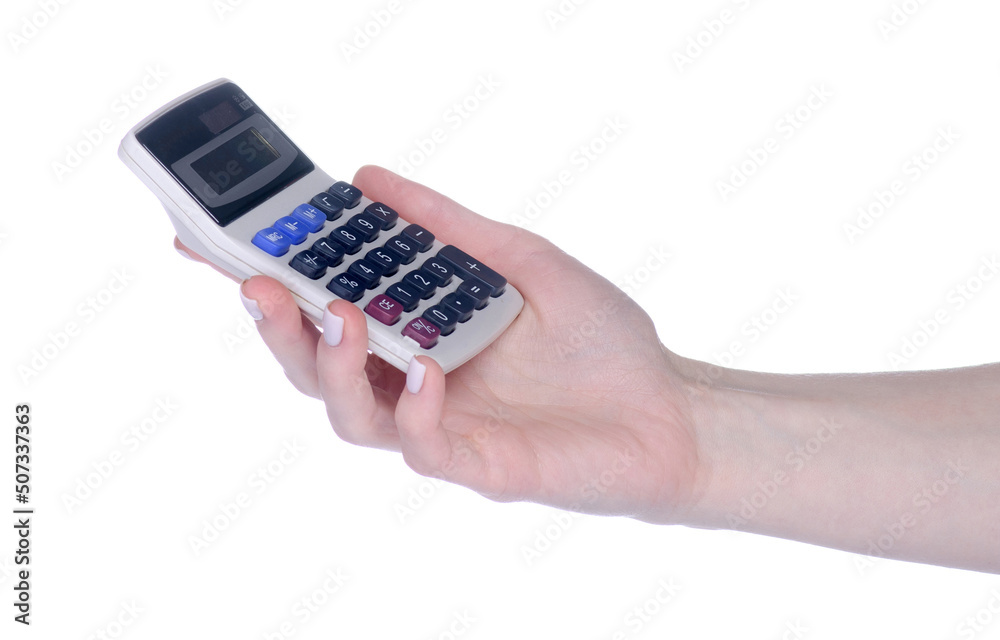 Calculator in hand on white background isolation Calculator in hand on white background isolation