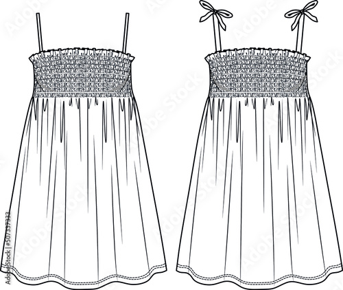 Vector summer smocked dress fashion CAD, woman mini frill-trimmed front and back with shoulder straps technical drawing, template, flat, sketch. Jersey or woven fabric dress with front,back view,white