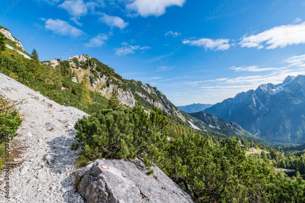 Hiking in the beautiful forest of the Alps. This is a path from mountain pass Vrsic to Slemenova spica with the look on Jalovec mountain. Hiking in the beautiful forest of the Alps. This is a path from mountain pass Vrsic to Slemenova spica with the look on Jalovec mountain.