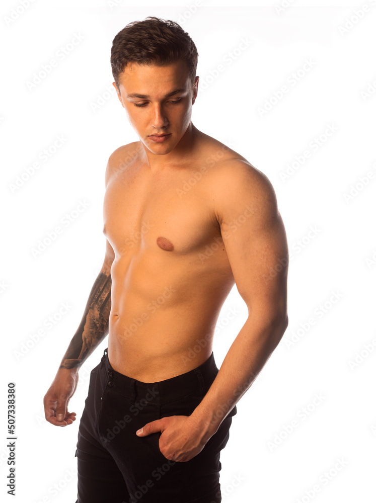 Sporty shirtless man isolated on white background Sporty shirtless man isolated on white background