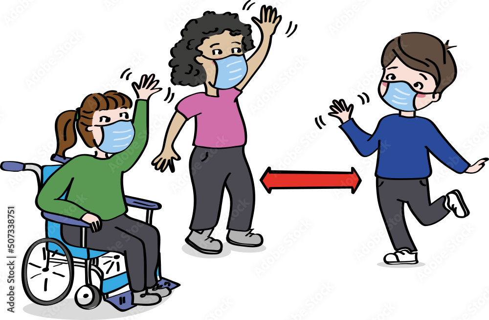 children waving with social distancing