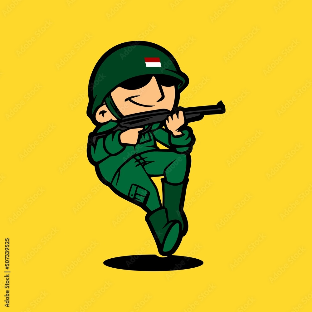 Retro army mascot cartoon character holding weapon while jumping. Celebration of Indonesia Independence Day. Retro army mascot cartoon character holding weapon while jumping. Celebration of Indonesia Independence Day.