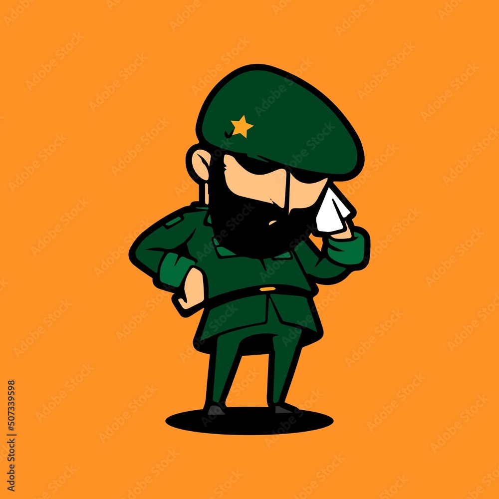 Retro army mascot cartoon character wiping sweat with handkerchief. Celebration of Indonesia Independence Day.