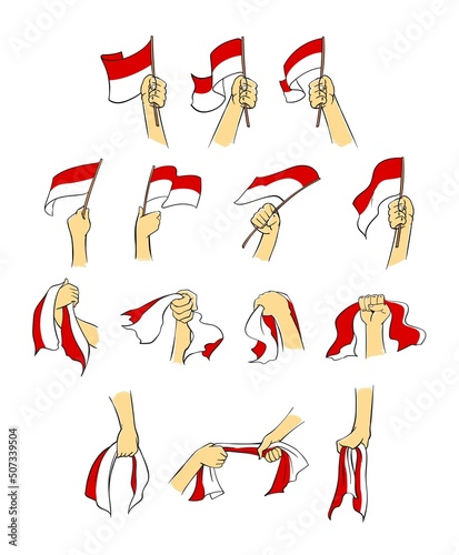 Set of hand holding Indonesia flag. Indonesia's Independence day celebration.