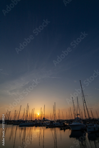 ships moored in the port of la linea de la concepcion in front of gibraltar at sunset