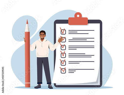 Man stands next to checklist with tick. Concept of successful completion of assigned tasks. Goals and aspirations in life. Planning, productivity and time management. Cartoon flat vector illustration.