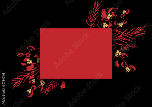 Vector. Merry Christmas and Happy New Year floral background, copy space for your text. Rustic horizontal template for Christmas cards, wedding invitations, party invitation. Hand-drawn sketch.