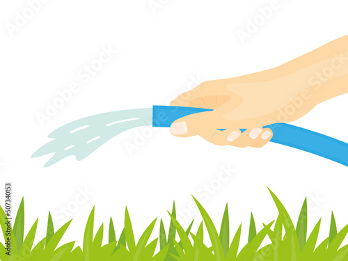 hand holding garden hose and watering lawn- vector illustration