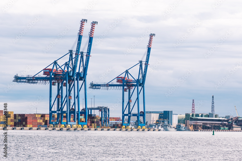 Cranes and containers at the port of Klaipeda, seaport located in Klaipeda, Lithuania, Baltic Sea. Ukraine considers grain exports via Lithuania by rail and ship