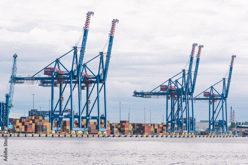Cranes and containers at the port of Klaipeda, seaport located in Klaipeda, Lithuania, Baltic Sea. Ukraine considers grain exports via Lithuania by rail and ship Cranes and containers at the port of Klaipeda, seaport located in Klaipeda, Lithuania, Baltic Sea. Ukraine considers grain exports via Lithuania by rail and ship