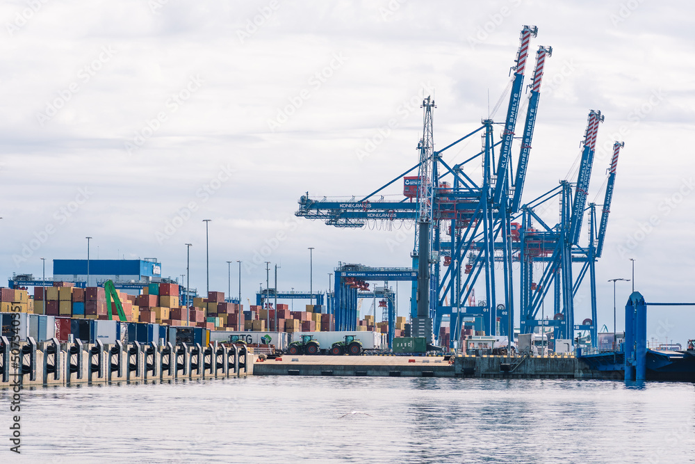 Cranes and containers at the port of Klaipeda, seaport located in Klaipeda, Lithuania, Baltic Sea. Ukraine considers grain exports via Lithuania by rail and ship