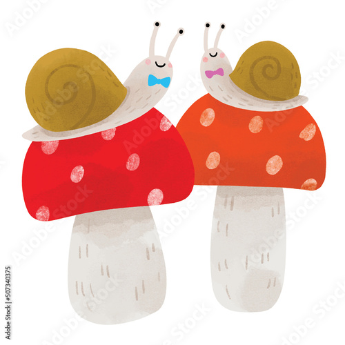 Cute watercolor snail and mushroom in Autumn clipart.