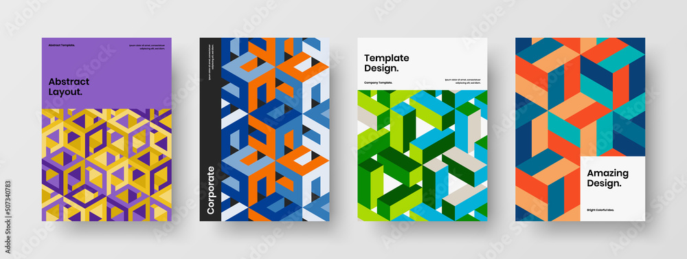 Premium postcard design vector illustration set. Unique mosaic tiles corporate cover template composition.