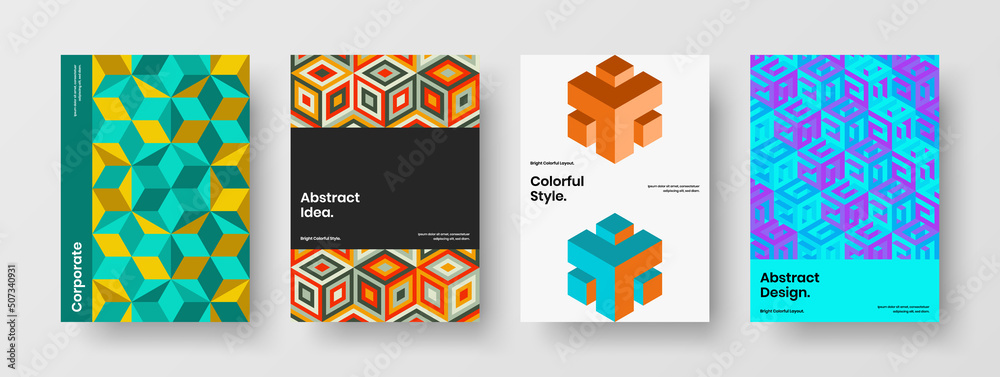 Creative annual report vector design illustration set. Colorful mosaic tiles corporate cover layout collection.
