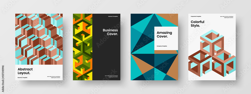 Multicolored banner A4 vector design illustration set. Original geometric tiles presentation layout composition.