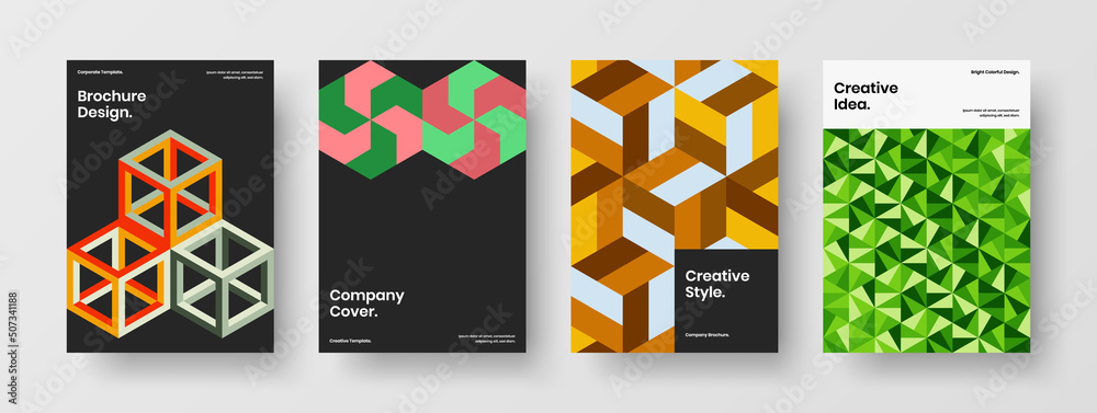 Bright geometric tiles front page template bundle. Unique journal cover A4 design vector illustration composition.