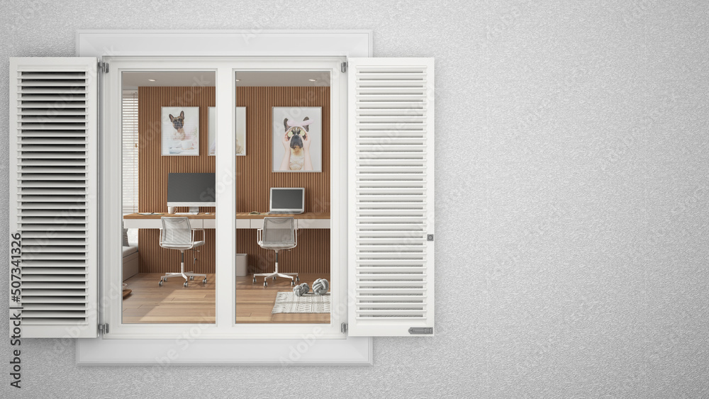 Exterior plaster wall with white window with shutters, showing home corner office with desk, blank background with copy space, architecture design concept idea, mockup template