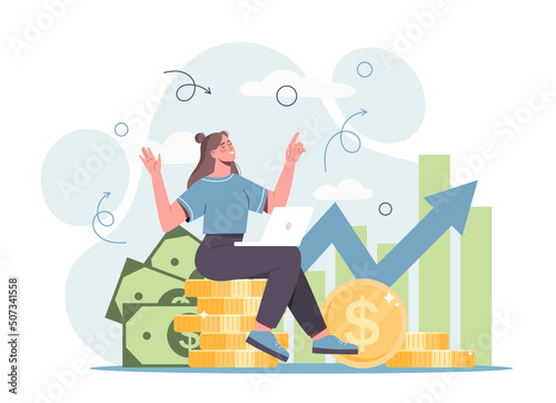 Concept of finance and investment. Girl investor happy to make profit. Smiling woman sits on stack of coins and works on laptop. Salary or income growth with arrow. Cartoon flat vector illustration.
