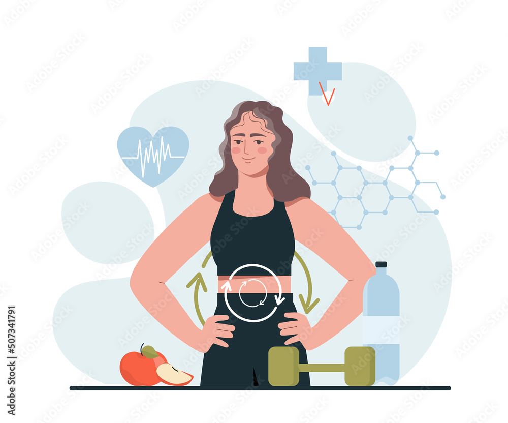 Vecteur Stock Metabolic process of woman on diet. Young beautiful girl does  sport and eats good food. Healthy lifestyle and digestive system. Stable  levels of hormones and vitamins. Cartoon flat vector illustration