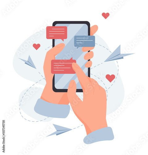 Social media communication. Hand holds smartphone, prints message and sends it. Character chatting with friends or loved one. Online dating. Remote dialog on Internet. Cartoon flat vector illustration