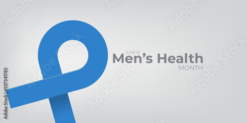 Mens health month concept horizontal banner design template with blue ribbon and text isolated on grey background. June is national mens health awareness month vector flyer or poster