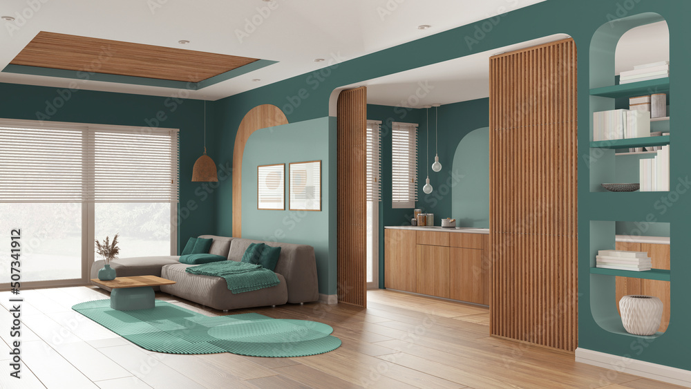 Modern wooden kitchen and living room in turquoise tones, velvet sofa with carpet and side table, sliding door, shelves. Window with blinds, parquet and cane ceiling. Interior design Modern wooden kitchen and living room in turquoise tones, velvet sofa with carpet and side table, sliding door, shelves. Window with blinds, parquet and cane ceiling. Interior design