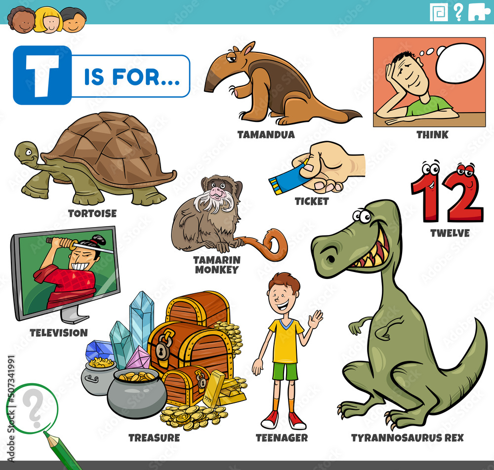 letter t words educational set with cartoon characters Stock Vector ...