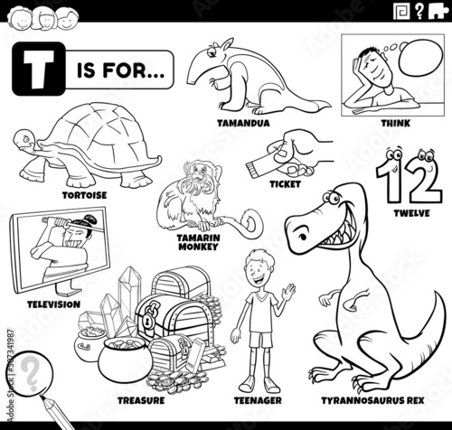 letter t words educational set coloring book page