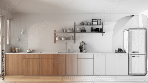 Architect interior designer concept: hand-drawn draft unfinished project that becomes real, modern contemporary kitchen, cabinets, sink with faucet and induction hob, refrigerator photo