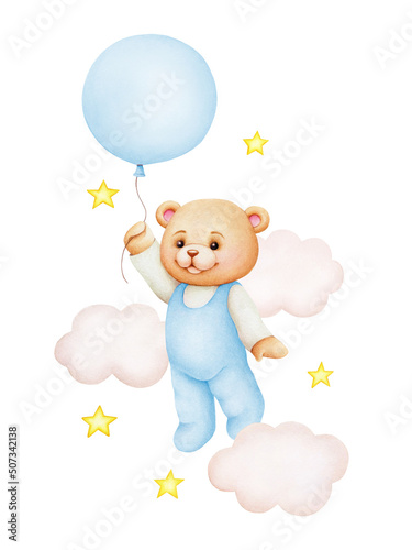 Cute cartoon teddy bear with air balloon; watercolor hand drawn illustration; can be used for kid posters, card, invitation