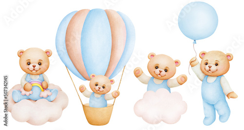 Cute cartoon teddy bears with air balloon, clouds, rainbow; watercolor hand drawn illustration; can be used for kid posters, card, invitation
