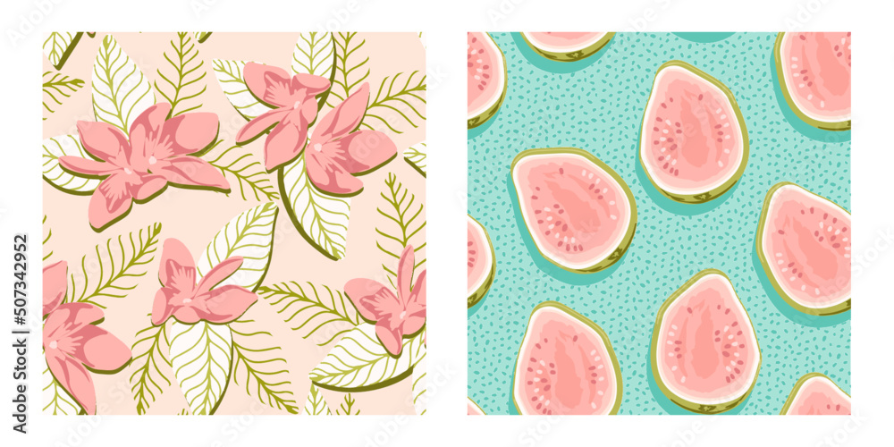 Guava and Floral Seamless Tropical Patterns