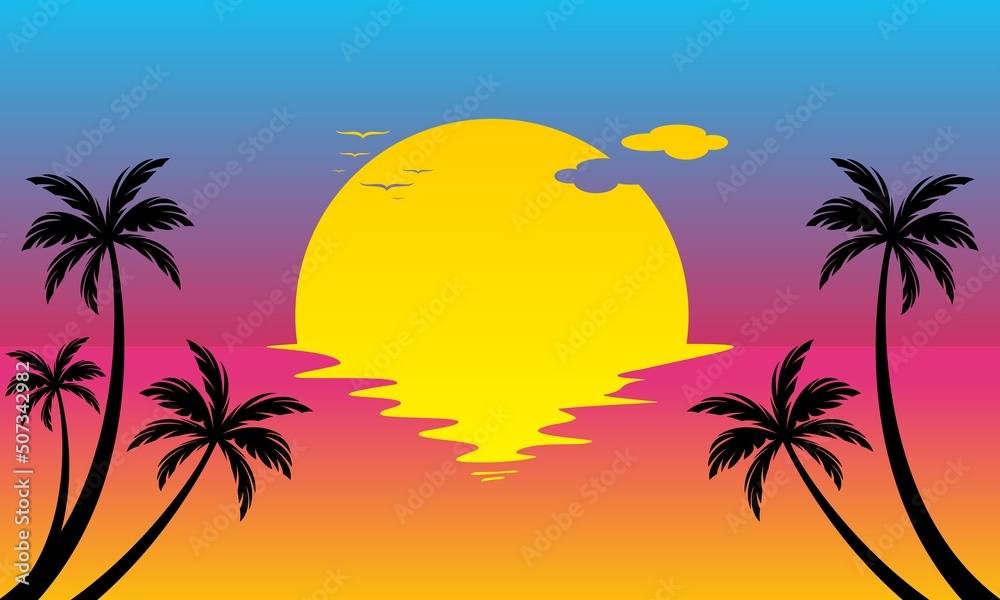 Sunset on the sea with coconut tree vector design