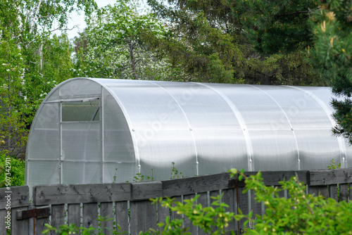 Polycarbonate greenhouse on a garden plot in summer