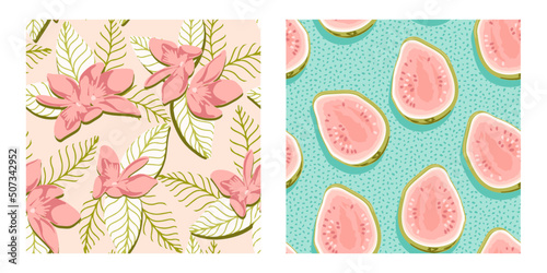 Guava and Floral Seamless Tropical Patterns