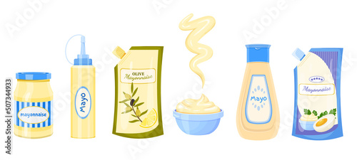 Cartoon set of bottle, jar and bag with classic and olive mayonnaise. Bottle with cheese sauce. Plastic pack. Vector jar isolated on a white background for games, banner or menu fast food restaurants.