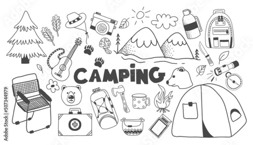 Doodle set with hiking elements. Vector hand drawn cliparts with adventure, camping and touristic equipment. Outline vector illustration.