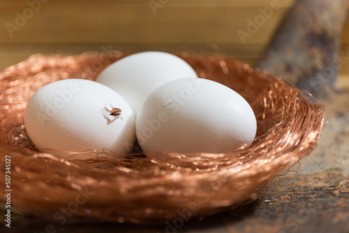 White eggs in copper nest, with copper beak breaking the shell, concept of copper in food photo