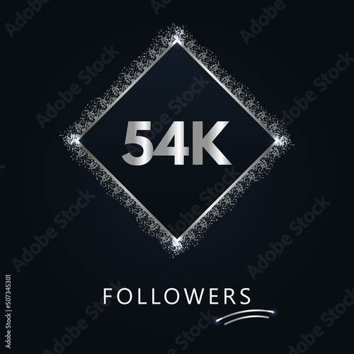 54K or 54 thousand followers with frame and silver glitter isolated on dark navy blue background. Greeting card template for social networks friends, and followers. Thank you, followers, achievement.