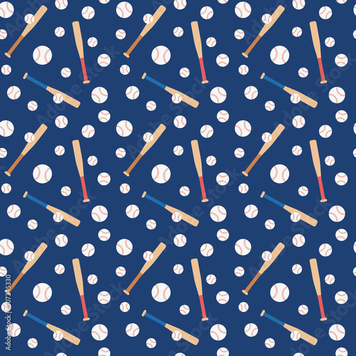 Baseball pattern. Seamless blue background with balls and bats for baseball game. Flat vector illustration