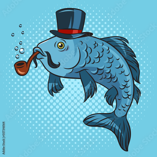 Fish in top hat smokes smoking pipe pop art retro vector illustration. Comic book style imitation.