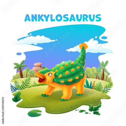 cheerful cartoon ankylosaurus on green meadow
 palm trees blue sky clouds natural landscape