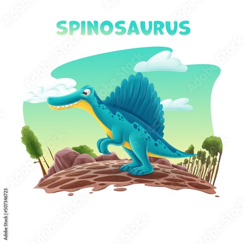 cartoon spinosaurus on rock forest mountains natural landscape