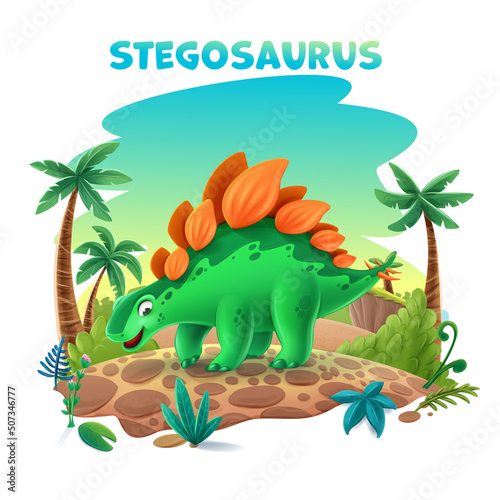 cute cartoon stegosaurus on rock palm trees clouds natural landscape