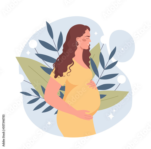 Beautiful pregnant woman. Concept of motherhood and birth of child. Girl stands and holds her stomach against background of flowers. Design for greeting card. Cartoon flat vector illustration.