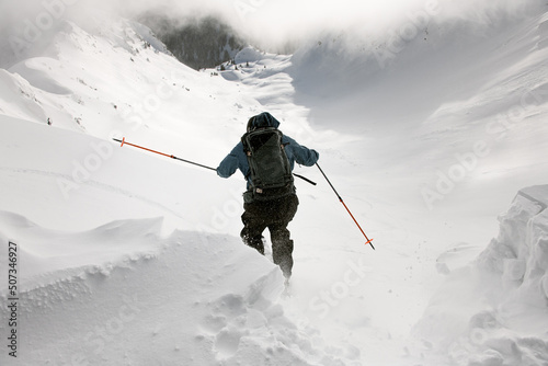 Valokuvatapetti close-up rear view of skier descending from mountain on powdery snow on splitboa