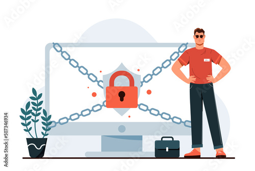 Concept of cybersecurity and personal data protection. Person guards information in computer. Man standing at monitor with lock and chains on screen. Secure network. Cartoon flat vector illustration.