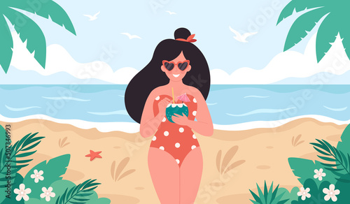 Woman with summer cocktail. Hello summer, vacation, summertime, summer party. Woman in retro swimsuit and retro glasses. Hand drawn vector illustration
