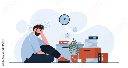 Concept of fatigue and emotional overload. Tired man with paper. Sadness male sitting in office on floor around pile of documents. Monotonous and routine work. Cartoon flat vector illustration.