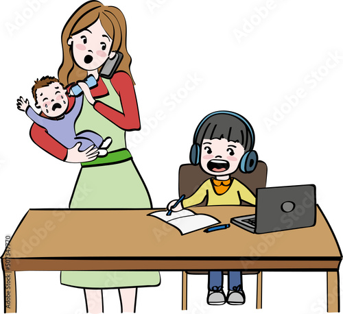 busy mom with kids.